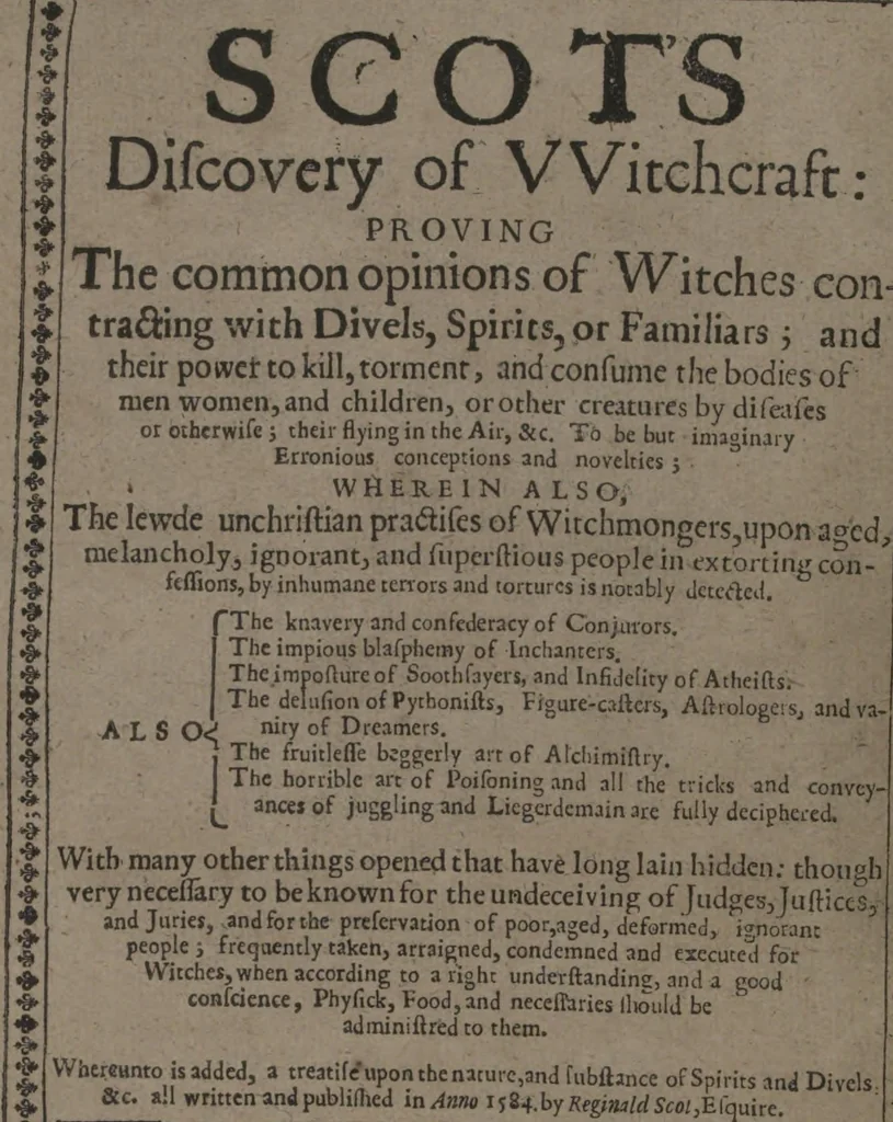 An illustration from Scot's discovery of witchcraft : proving the common opinions of witches contracting with divels, spirits, or familiars, and their power to kill, torment, and consume the bodies of men, women, and children, or other creatures by diseases or otherwise, their flying in the air, &c. to be but imaginary, erronious conceptions and novelties : wherein also the lewde unchristian practices of witchmongers upon aged, melancholy, ignorant, and superstious [sic] people in extorting confessions by inhumane terrors and tortures is notably detected ... : whereunto is added, a treatise upon the nature, and substance of spirits and divels &c, 1651, leaf 9