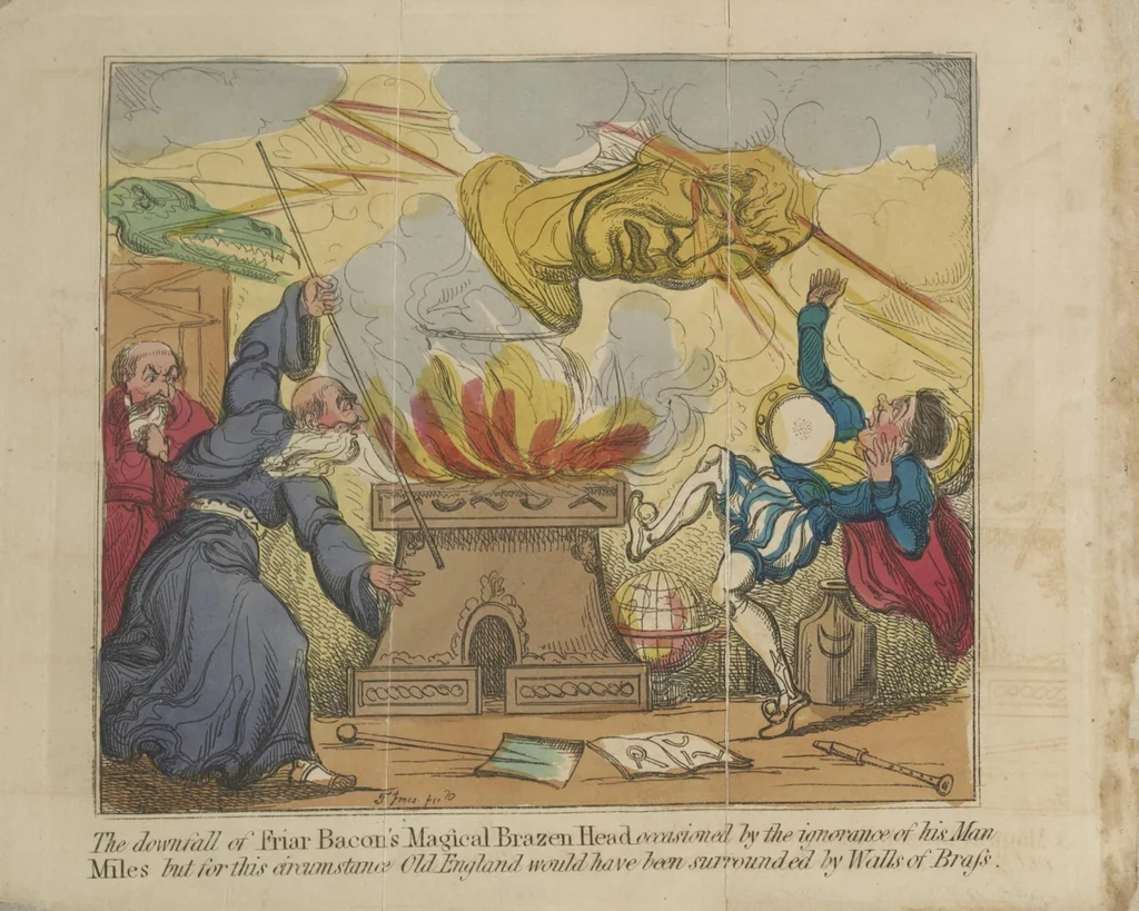 An illustration from The wonderful history of the celebrated Friar Bacon : who studies the magic art, and saves a gentleman from the Devil, to whom he had sold his soul and body : he erects a wonderful brazen head, which was to enable him to secure all England from invasion, it speaks, but loses its virtue by his servant's folly : by his help France is conquered : he makes three wicked thieves, who tried to rob him, dance a hornpipe over hedges into ditches, against their wills : with many curious particulars, 1829, leaf 6