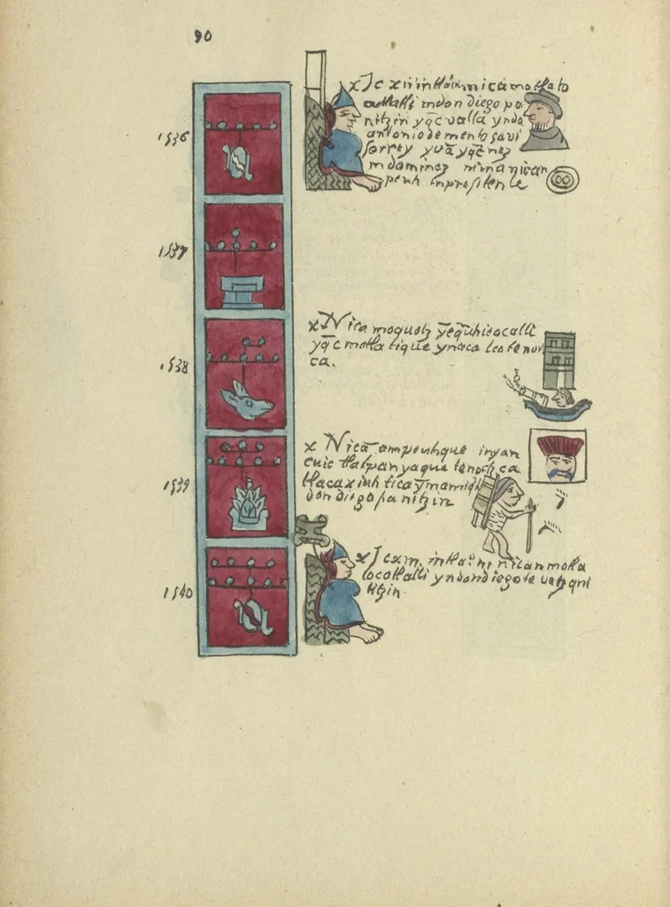 An illustration from Histoire de la nation Mexicaine, depuis le départ d'Aztlan jusqu'à l'arrivée des conquérants espanols (et au delà 1607) : manuscrit figuratif acompagné de texte en langue Nahuatl ou Mexicaine suivi d'une traduction en français, 1893, leaf 101