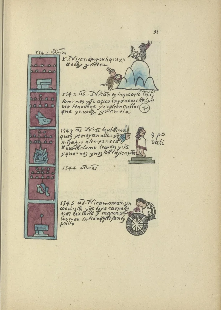 An illustration from Histoire de la nation Mexicaine, depuis le départ d'Aztlan jusqu'à l'arrivée des conquérants espanols (et au delà 1607) : manuscrit figuratif acompagné de texte en langue Nahuatl ou Mexicaine suivi d'une traduction en français, 1893, leaf 102