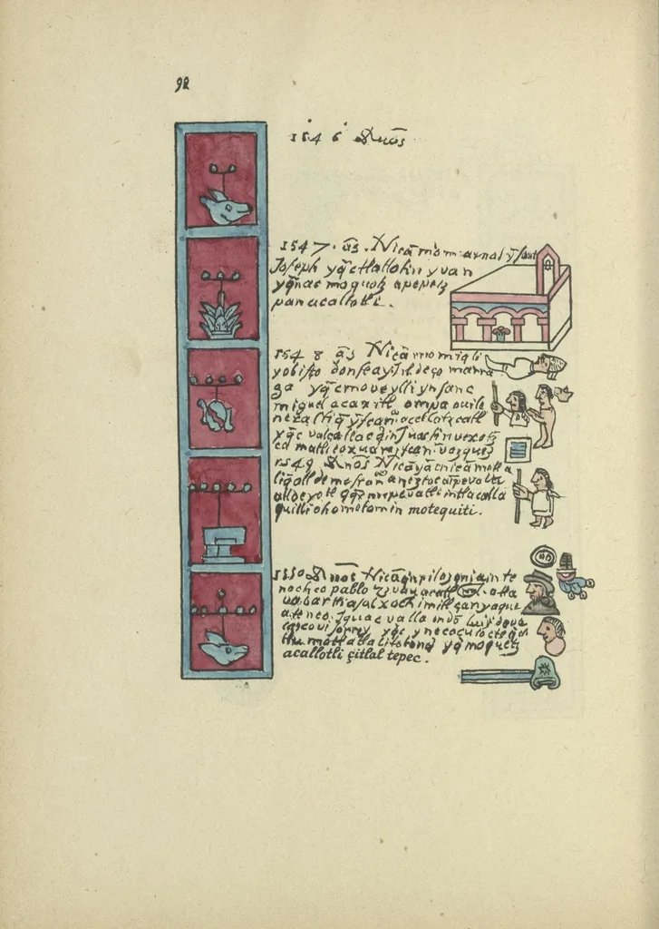 An illustration from Histoire de la nation Mexicaine, depuis le départ d'Aztlan jusqu'à l'arrivée des conquérants espanols (et au delà 1607) : manuscrit figuratif acompagné de texte en langue Nahuatl ou Mexicaine suivi d'une traduction en français, 1893, leaf 103