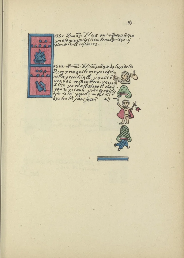 An illustration from Histoire de la nation Mexicaine, depuis le départ d'Aztlan jusqu'à l'arrivée des conquérants espanols (et au delà 1607) : manuscrit figuratif acompagné de texte en langue Nahuatl ou Mexicaine suivi d'une traduction en français, 1893, leaf 104