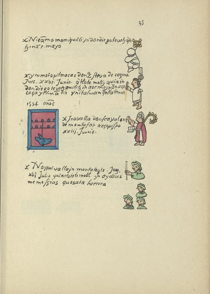 An illustration from Histoire de la nation Mexicaine, depuis le départ d'Aztlan jusqu'à l'arrivée des conquérants espanols (et au delà 1607) : manuscrit figuratif acompagné de texte en langue Nahuatl ou Mexicaine suivi d'une traduction en français, 1893, leaf 106