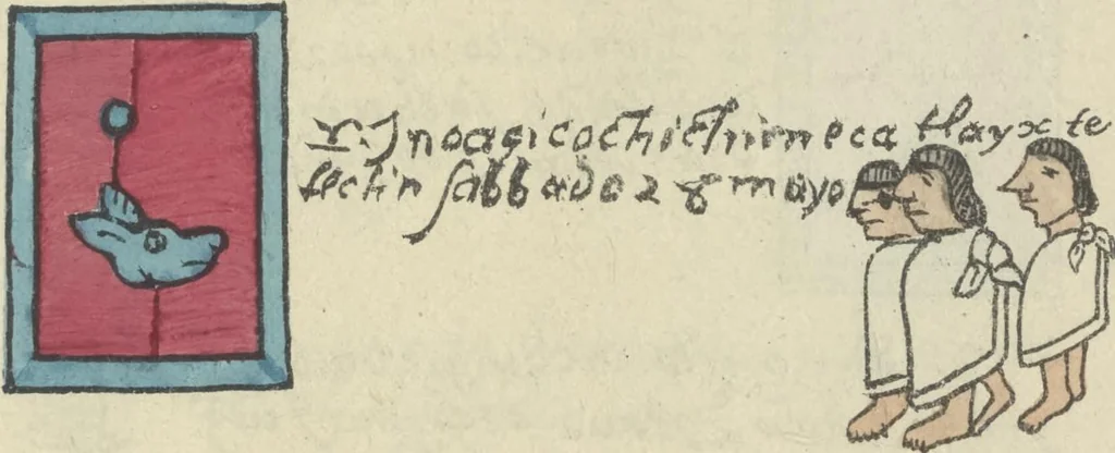 An illustration from Histoire de la nation Mexicaine, depuis le départ d'Aztlan jusqu'à l'arrivée des conquérants espanols (et au delà 1607) : manuscrit figuratif acompagné de texte en langue Nahuatl ou Mexicaine suivi d'une traduction en français, 1893, leaf 110