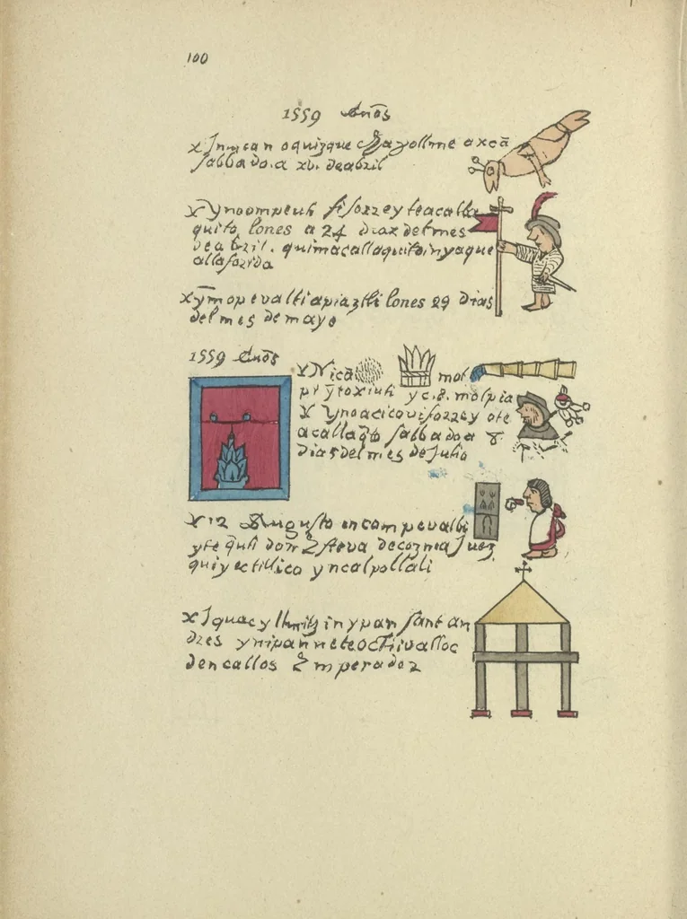 An illustration from Histoire de la nation Mexicaine, depuis le départ d'Aztlan jusqu'à l'arrivée des conquérants espanols (et au delà 1607) : manuscrit figuratif acompagné de texte en langue Nahuatl ou Mexicaine suivi d'une traduction en français, 1893, leaf 111