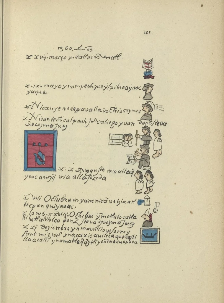 An illustration from Histoire de la nation Mexicaine, depuis le départ d'Aztlan jusqu'à l'arrivée des conquérants espanols (et au delà 1607) : manuscrit figuratif acompagné de texte en langue Nahuatl ou Mexicaine suivi d'une traduction en français, 1893, leaf 112