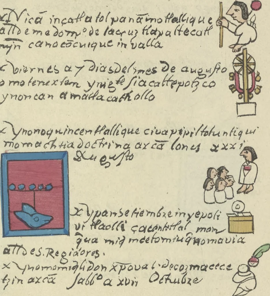 An illustration from Histoire de la nation Mexicaine, depuis le départ d'Aztlan jusqu'à l'arrivée des conquérants espanols (et au delà 1607) : manuscrit figuratif acompagné de texte en langue Nahuatl ou Mexicaine suivi d'une traduction en français, 1893, leaf 114