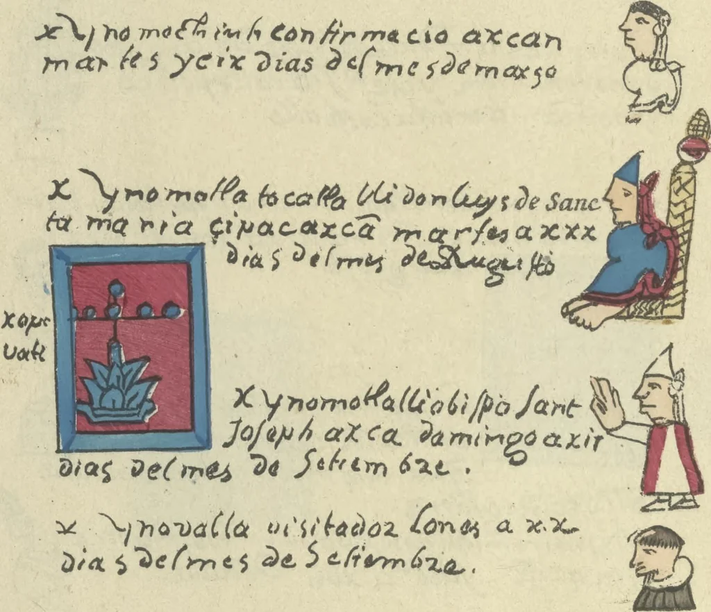 An illustration from Histoire de la nation Mexicaine, depuis le départ d'Aztlan jusqu'à l'arrivée des conquérants espanols (et au delà 1607) : manuscrit figuratif acompagné de texte en langue Nahuatl ou Mexicaine suivi d'une traduction en français, 1893, leaf 115