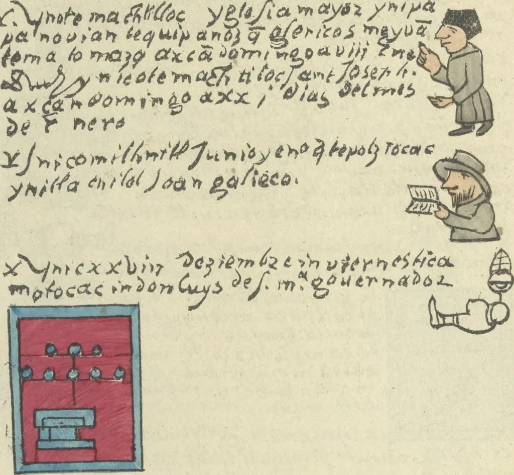 An illustration from Histoire de la nation Mexicaine, depuis le départ d'Aztlan jusqu'à l'arrivée des conquérants espanols (et au delà 1607) : manuscrit figuratif acompagné de texte en langue Nahuatl ou Mexicaine suivi d'une traduction en français, 1893, leaf 117