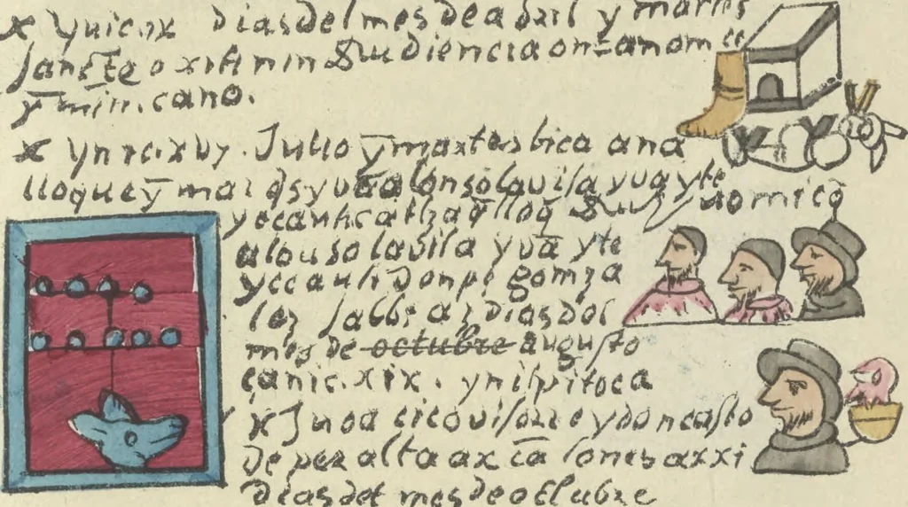 An illustration from Histoire de la nation Mexicaine, depuis le départ d'Aztlan jusqu'à l'arrivée des conquérants espanols (et au delà 1607) : manuscrit figuratif acompagné de texte en langue Nahuatl ou Mexicaine suivi d'une traduction en français, 1893, leaf 118