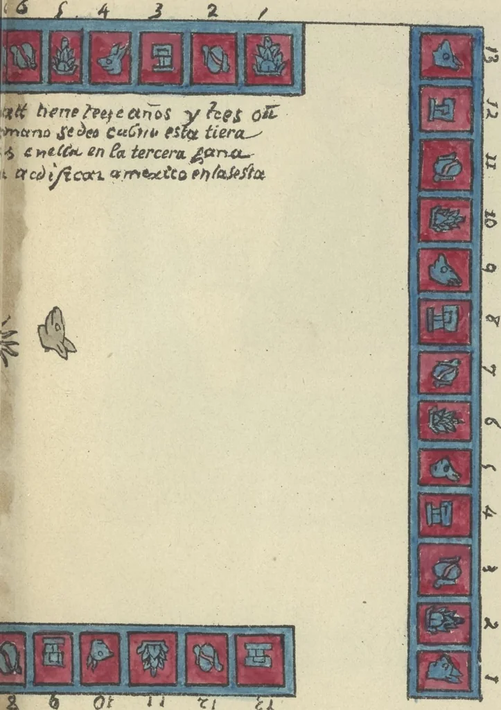 An illustration from Histoire de la nation Mexicaine, depuis le départ d'Aztlan jusqu'à l'arrivée des conquérants espanols (et au delà 1607) : manuscrit figuratif acompagné de texte en langue Nahuatl ou Mexicaine suivi d'une traduction en français, 1893, leaf 12