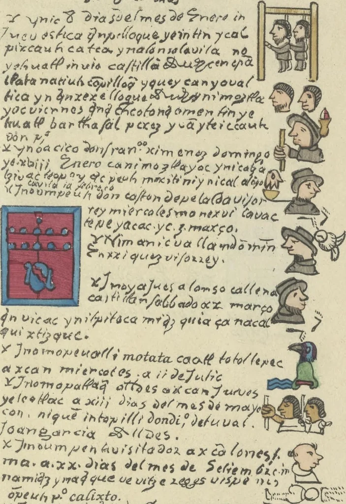 An illustration from Histoire de la nation Mexicaine, depuis le départ d'Aztlan jusqu'à l'arrivée des conquérants espanols (et au delà 1607) : manuscrit figuratif acompagné de texte en langue Nahuatl ou Mexicaine suivi d'une traduction en français, 1893, leaf 120