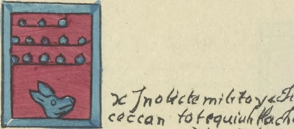 An illustration from Histoire de la nation Mexicaine, depuis le départ d'Aztlan jusqu'à l'arrivée des conquérants espanols (et au delà 1607) : manuscrit figuratif acompagné de texte en langue Nahuatl ou Mexicaine suivi d'une traduction en français, 1893, leaf 122