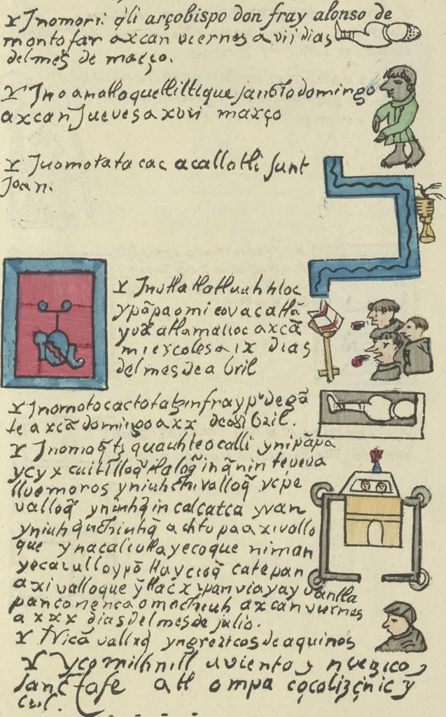 An illustration from Histoire de la nation Mexicaine, depuis le départ d'Aztlan jusqu'à l'arrivée des conquérants espanols (et au delà 1607) : manuscrit figuratif acompagné de texte en langue Nahuatl ou Mexicaine suivi d'une traduction en français, 1893, leaf 124
