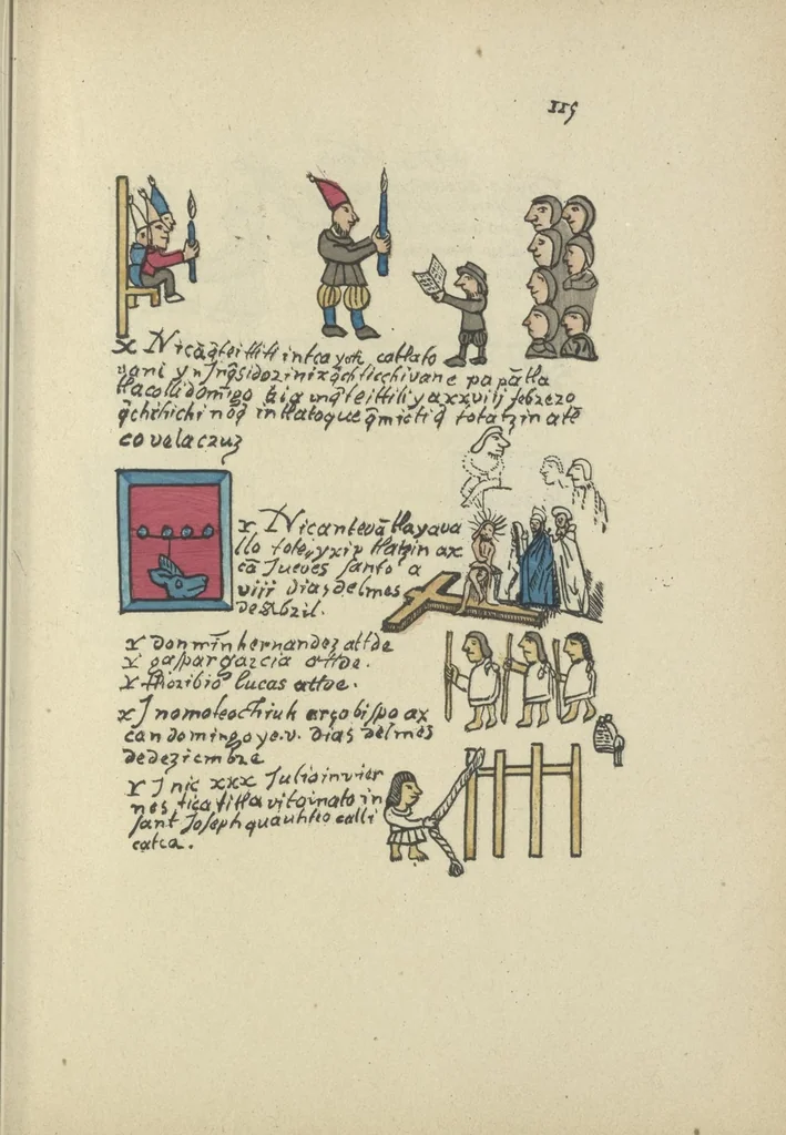 An illustration from Histoire de la nation Mexicaine, depuis le départ d'Aztlan jusqu'à l'arrivée des conquérants espanols (et au delà 1607) : manuscrit figuratif acompagné de texte en langue Nahuatl ou Mexicaine suivi d'une traduction en français, 1893, leaf 126