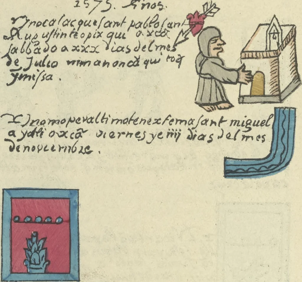 An illustration from Histoire de la nation Mexicaine, depuis le départ d'Aztlan jusqu'à l'arrivée des conquérants espanols (et au delà 1607) : manuscrit figuratif acompagné de texte en langue Nahuatl ou Mexicaine suivi d'une traduction en français, 1893, leaf 127