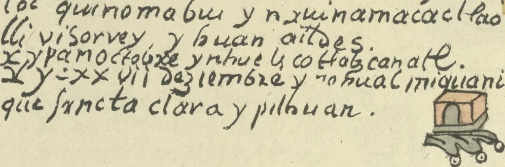 An illustration from Histoire de la nation Mexicaine, depuis le départ d'Aztlan jusqu'à l'arrivée des conquérants espanols (et au delà 1607) : manuscrit figuratif acompagné de texte en langue Nahuatl ou Mexicaine suivi d'une traduction en français, 1893, leaf 131
