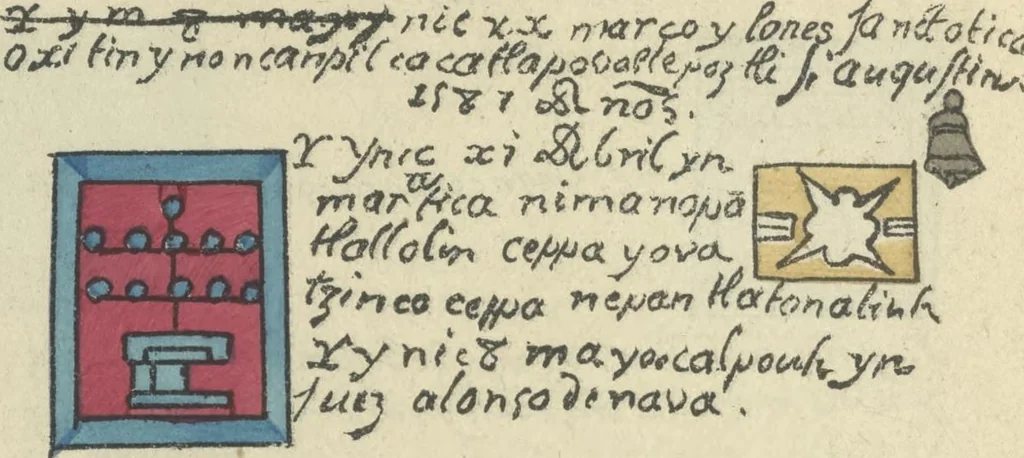 An illustration from Histoire de la nation Mexicaine, depuis le départ d'Aztlan jusqu'à l'arrivée des conquérants espanols (et au delà 1607) : manuscrit figuratif acompagné de texte en langue Nahuatl ou Mexicaine suivi d'une traduction en français, 1893, leaf 133