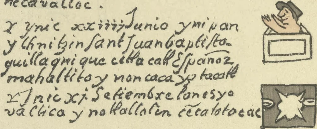 An illustration from Histoire de la nation Mexicaine, depuis le départ d'Aztlan jusqu'à l'arrivée des conquérants espanols (et au delà 1607) : manuscrit figuratif acompagné de texte en langue Nahuatl ou Mexicaine suivi d'une traduction en français, 1893, leaf 133