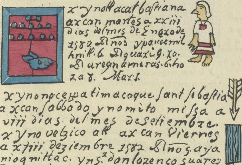 An illustration from Histoire de la nation Mexicaine, depuis le départ d'Aztlan jusqu'à l'arrivée des conquérants espanols (et au delà 1607) : manuscrit figuratif acompagné de texte en langue Nahuatl ou Mexicaine suivi d'une traduction en français, 1893, leaf 134