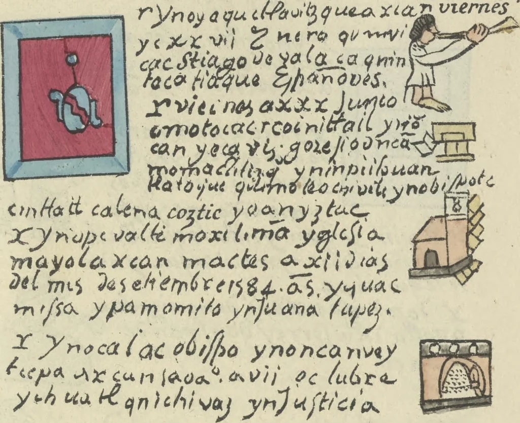 An illustration from Histoire de la nation Mexicaine, depuis le départ d'Aztlan jusqu'à l'arrivée des conquérants espanols (et au delà 1607) : manuscrit figuratif acompagné de texte en langue Nahuatl ou Mexicaine suivi d'une traduction en français, 1893, leaf 136
