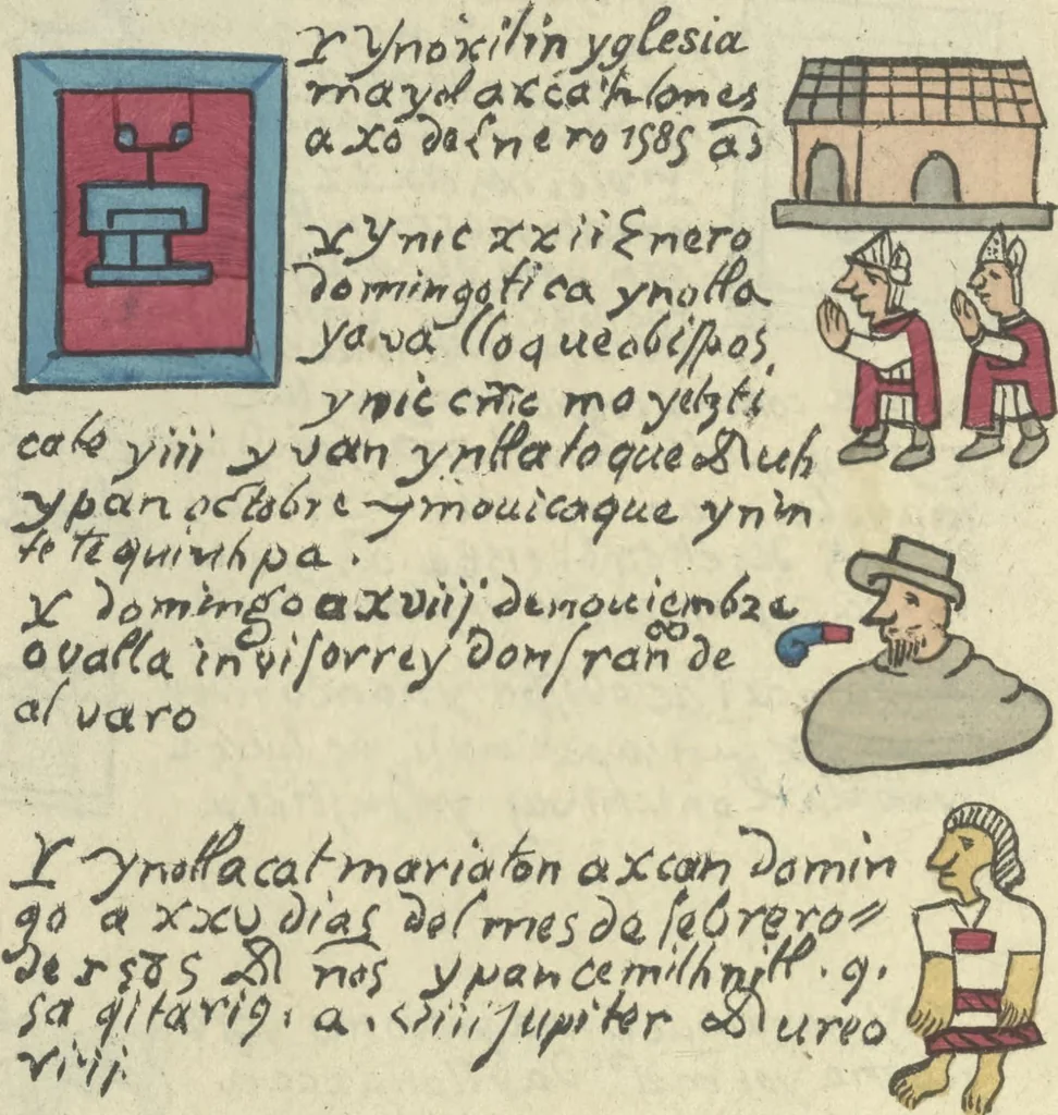 An illustration from Histoire de la nation Mexicaine, depuis le départ d'Aztlan jusqu'à l'arrivée des conquérants espanols (et au delà 1607) : manuscrit figuratif acompagné de texte en langue Nahuatl ou Mexicaine suivi d'une traduction en français, 1893, leaf 137