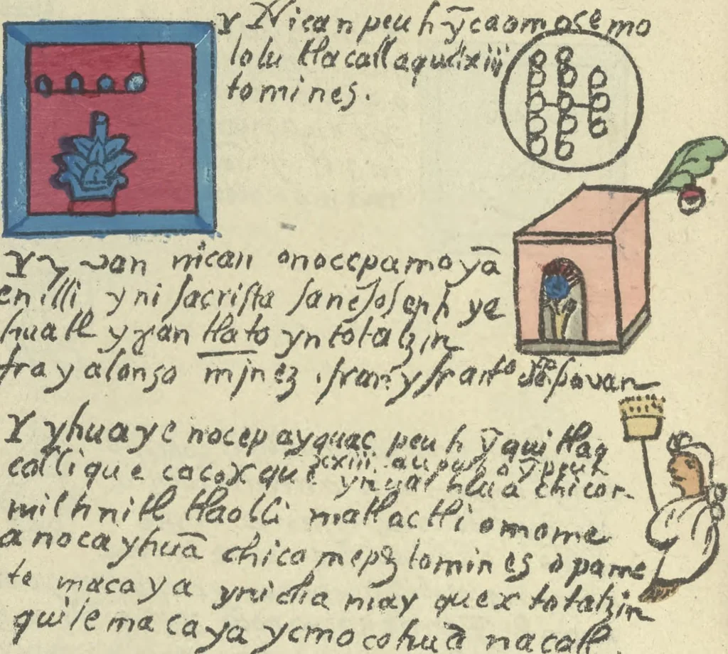 An illustration from Histoire de la nation Mexicaine, depuis le départ d'Aztlan jusqu'à l'arrivée des conquérants espanols (et au delà 1607) : manuscrit figuratif acompagné de texte en langue Nahuatl ou Mexicaine suivi d'une traduction en français, 1893, leaf 139