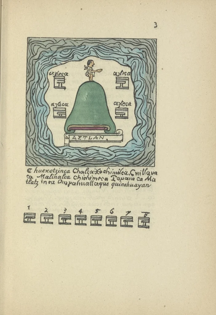 An illustration from Histoire de la nation Mexicaine, depuis le départ d'Aztlan jusqu'à l'arrivée des conquérants espanols (et au delà 1607) : manuscrit figuratif acompagné de texte en langue Nahuatl ou Mexicaine suivi d'une traduction en français, 1893, leaf 14