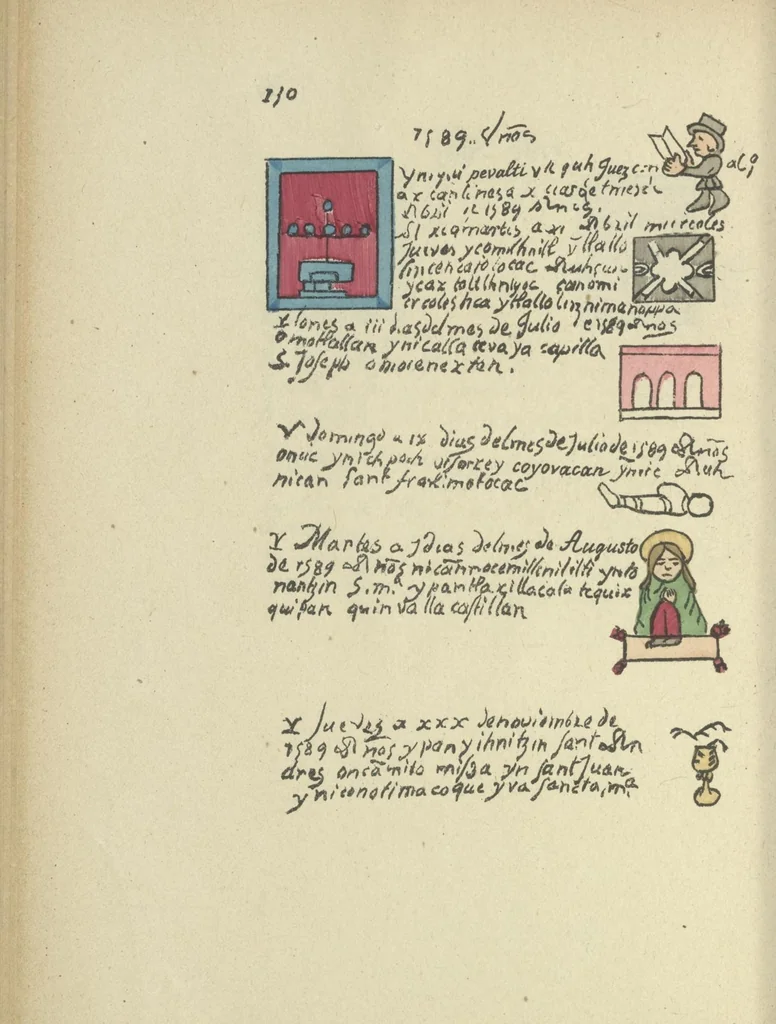 An illustration from Histoire de la nation Mexicaine, depuis le départ d'Aztlan jusqu'à l'arrivée des conquérants espanols (et au delà 1607) : manuscrit figuratif acompagné de texte en langue Nahuatl ou Mexicaine suivi d'une traduction en français, 1893, leaf 141