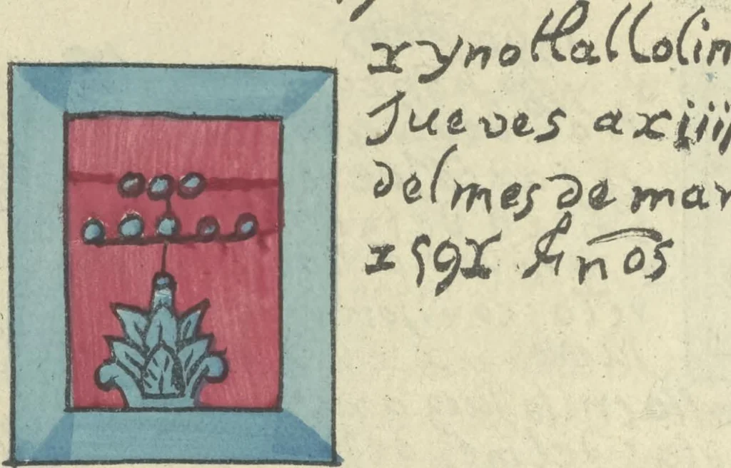 An illustration from Histoire de la nation Mexicaine, depuis le départ d'Aztlan jusqu'à l'arrivée des conquérants espanols (et au delà 1607) : manuscrit figuratif acompagné de texte en langue Nahuatl ou Mexicaine suivi d'une traduction en français, 1893, leaf 143