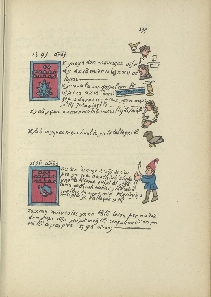 An illustration from Histoire de la nation Mexicaine, depuis le départ d'Aztlan jusqu'à l'arrivée des conquérants espanols (et au delà 1607) : manuscrit figuratif acompagné de texte en langue Nahuatl ou Mexicaine suivi d'une traduction en français, 1893, leaf 144