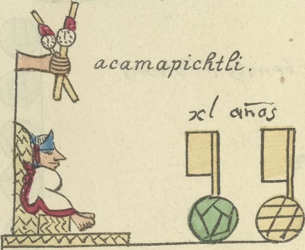 An illustration from Histoire de la nation Mexicaine, depuis le départ d'Aztlan jusqu'à l'arrivée des conquérants espanols (et au delà 1607) : manuscrit figuratif acompagné de texte en langue Nahuatl ou Mexicaine suivi d'une traduction en français, 1893, leaf 151