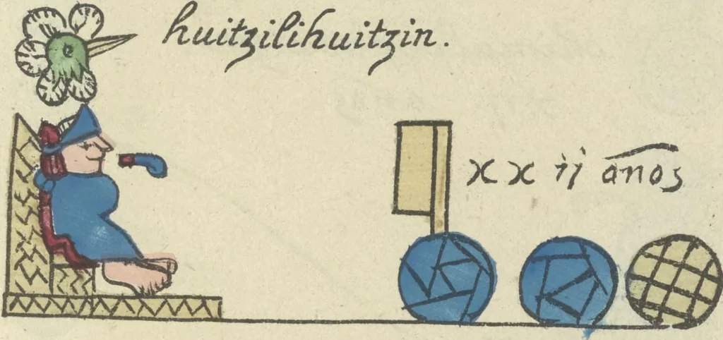 An illustration from Histoire de la nation Mexicaine, depuis le départ d'Aztlan jusqu'à l'arrivée des conquérants espanols (et au delà 1607) : manuscrit figuratif acompagné de texte en langue Nahuatl ou Mexicaine suivi d'une traduction en français, 1893, leaf 152