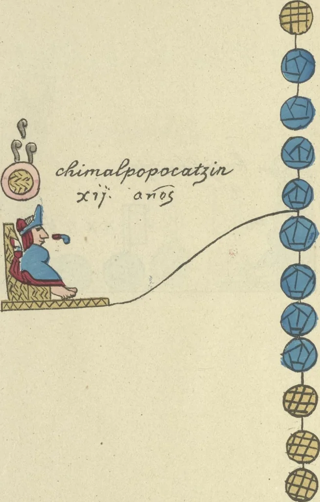 An illustration from Histoire de la nation Mexicaine, depuis le départ d'Aztlan jusqu'à l'arrivée des conquérants espanols (et au delà 1607) : manuscrit figuratif acompagné de texte en langue Nahuatl ou Mexicaine suivi d'une traduction en français, 1893, leaf 153