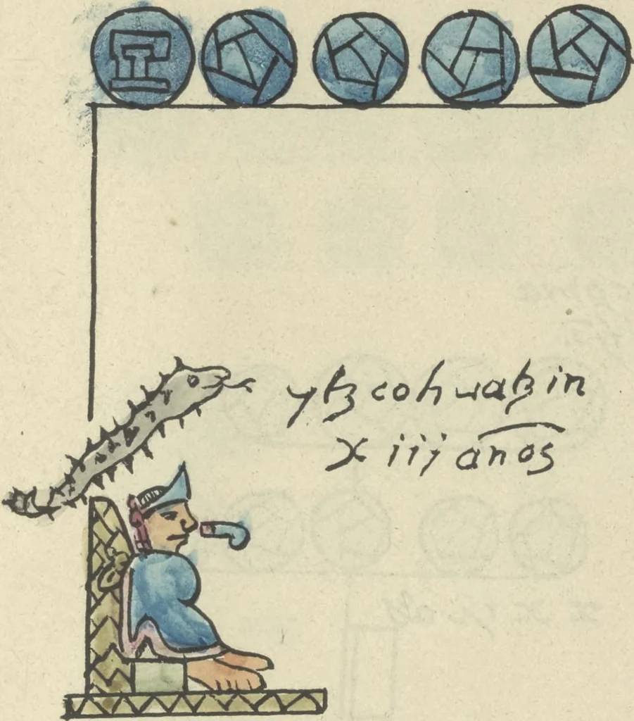 An illustration from Histoire de la nation Mexicaine, depuis le départ d'Aztlan jusqu'à l'arrivée des conquérants espanols (et au delà 1607) : manuscrit figuratif acompagné de texte en langue Nahuatl ou Mexicaine suivi d'une traduction en français, 1893, leaf 154