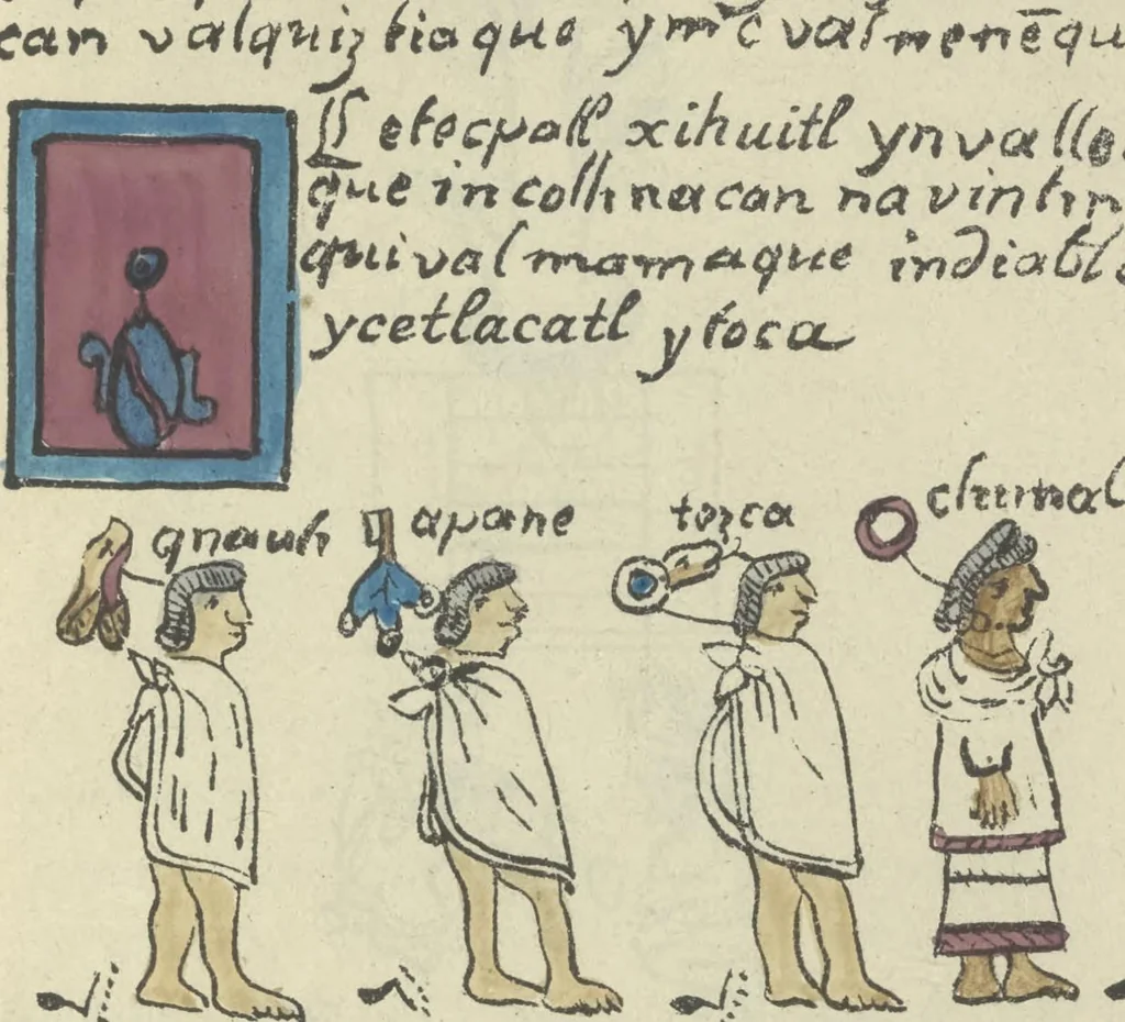 An illustration from Histoire de la nation Mexicaine, depuis le départ d'Aztlan jusqu'à l'arrivée des conquérants espanols (et au delà 1607) : manuscrit figuratif acompagné de texte en langue Nahuatl ou Mexicaine suivi d'une traduction en français, 1893, leaf 16