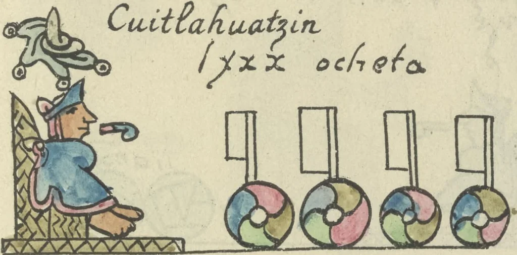An illustration from Histoire de la nation Mexicaine, depuis le départ d'Aztlan jusqu'à l'arrivée des conquérants espanols (et au delà 1607) : manuscrit figuratif acompagné de texte en langue Nahuatl ou Mexicaine suivi d'une traduction en français, 1893, leaf 160