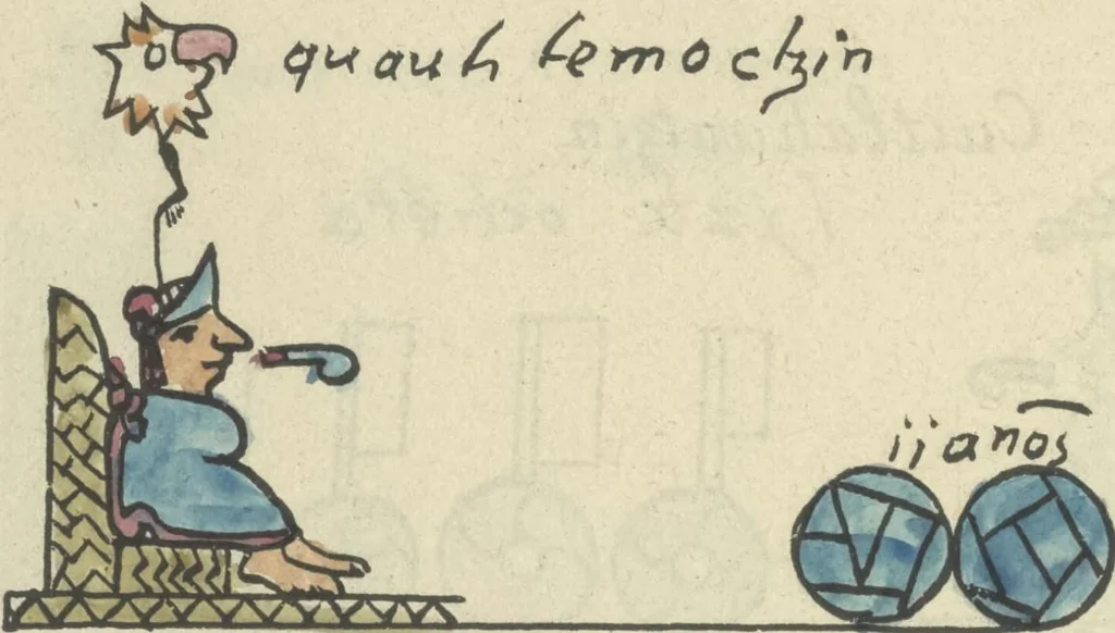 An illustration from Histoire de la nation Mexicaine, depuis le départ d'Aztlan jusqu'à l'arrivée des conquérants espanols (et au delà 1607) : manuscrit figuratif acompagné de texte en langue Nahuatl ou Mexicaine suivi d'une traduction en français, 1893, leaf 161