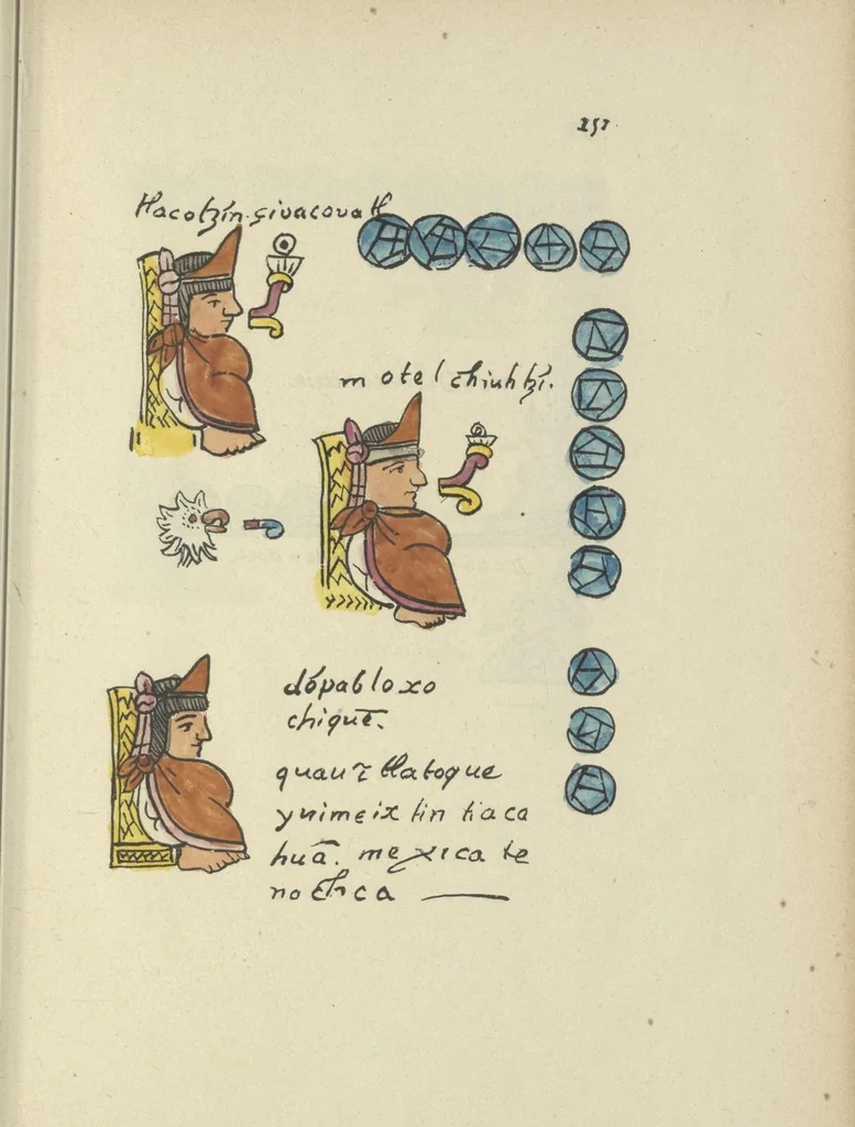 An illustration from Histoire de la nation Mexicaine, depuis le départ d'Aztlan jusqu'à l'arrivée des conquérants espanols (et au delà 1607) : manuscrit figuratif acompagné de texte en langue Nahuatl ou Mexicaine suivi d'une traduction en français, 1893, leaf 162