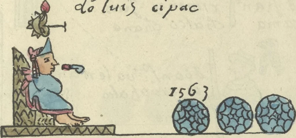 An illustration from Histoire de la nation Mexicaine, depuis le départ d'Aztlan jusqu'à l'arrivée des conquérants espanols (et au delà 1607) : manuscrit figuratif acompagné de texte en langue Nahuatl ou Mexicaine suivi d'une traduction en français, 1893, leaf 166