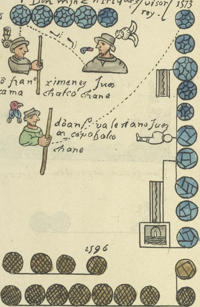 An illustration from Histoire de la nation Mexicaine, depuis le départ d'Aztlan jusqu'à l'arrivée des conquérants espanols (et au delà 1607) : manuscrit figuratif acompagné de texte en langue Nahuatl ou Mexicaine suivi d'une traduction en français, 1893, leaf 167