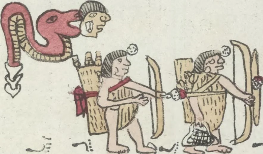 An illustration from Histoire de la nation Mexicaine, depuis le départ d'Aztlan jusqu'à l'arrivée des conquérants espanols (et au delà 1607) : manuscrit figuratif acompagné de texte en langue Nahuatl ou Mexicaine suivi d'une traduction en français, 1893, leaf 20