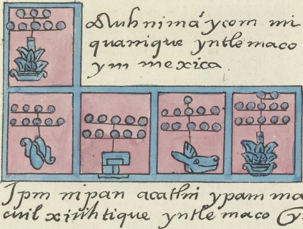 An illustration from Histoire de la nation Mexicaine, depuis le départ d'Aztlan jusqu'à l'arrivée des conquérants espanols (et au delà 1607) : manuscrit figuratif acompagné de texte en langue Nahuatl ou Mexicaine suivi d'une traduction en français, 1893, leaf 26