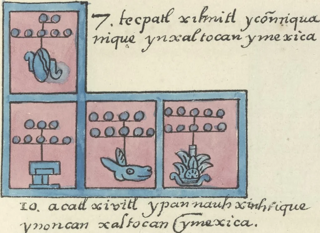 An illustration from Histoire de la nation Mexicaine, depuis le départ d'Aztlan jusqu'à l'arrivée des conquérants espanols (et au delà 1607) : manuscrit figuratif acompagné de texte en langue Nahuatl ou Mexicaine suivi d'une traduction en français, 1893, leaf 30