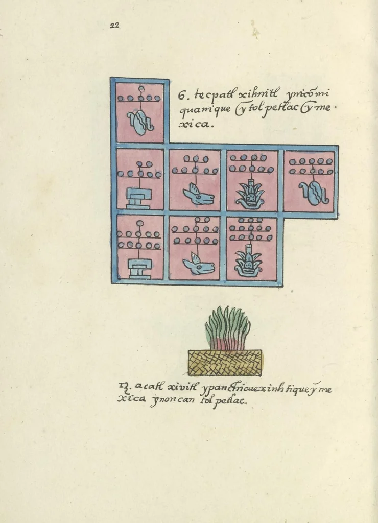 An illustration from Histoire de la nation Mexicaine, depuis le départ d'Aztlan jusqu'à l'arrivée des conquérants espanols (et au delà 1607) : manuscrit figuratif acompagné de texte en langue Nahuatl ou Mexicaine suivi d'une traduction en français, 1893, leaf 33