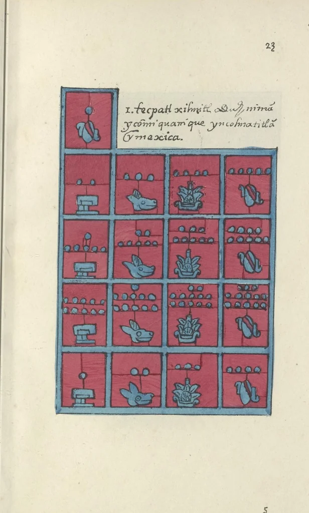An illustration from Histoire de la nation Mexicaine, depuis le départ d'Aztlan jusqu'à l'arrivée des conquérants espanols (et au delà 1607) : manuscrit figuratif acompagné de texte en langue Nahuatl ou Mexicaine suivi d'une traduction en français, 1893, leaf 34