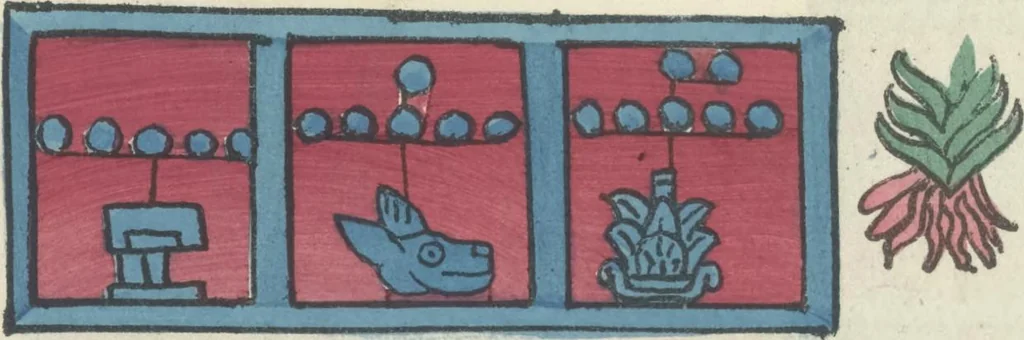 An illustration from Histoire de la nation Mexicaine, depuis le départ d'Aztlan jusqu'à l'arrivée des conquérants espanols (et au delà 1607) : manuscrit figuratif acompagné de texte en langue Nahuatl ou Mexicaine suivi d'une traduction en français, 1893, leaf 35