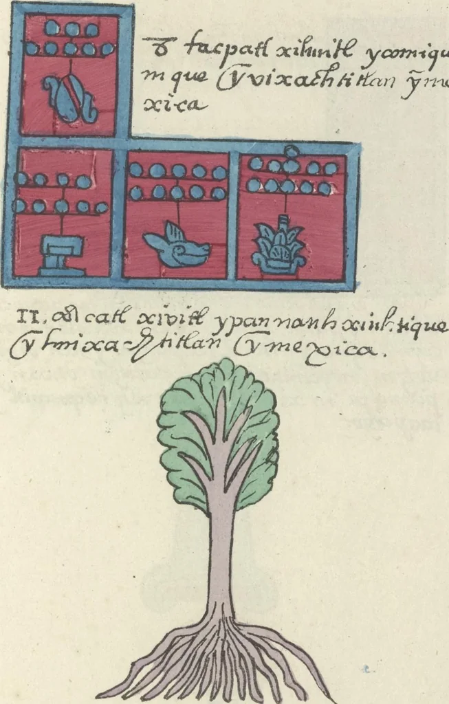 An illustration from Histoire de la nation Mexicaine, depuis le départ d'Aztlan jusqu'à l'arrivée des conquérants espanols (et au delà 1607) : manuscrit figuratif acompagné de texte en langue Nahuatl ou Mexicaine suivi d'une traduction en français, 1893, leaf 36