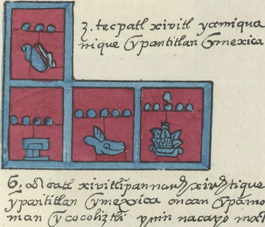 An illustration from Histoire de la nation Mexicaine, depuis le départ d'Aztlan jusqu'à l'arrivée des conquérants espanols (et au delà 1607) : manuscrit figuratif acompagné de texte en langue Nahuatl ou Mexicaine suivi d'une traduction en français, 1893, leaf 38