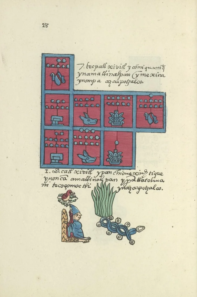 An illustration from Histoire de la nation Mexicaine, depuis le départ d'Aztlan jusqu'à l'arrivée des conquérants espanols (et au delà 1607) : manuscrit figuratif acompagné de texte en langue Nahuatl ou Mexicaine suivi d'une traduction en français, 1893, leaf 39